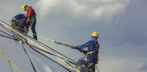 Male workers rope access height safety connecting with a knot sa